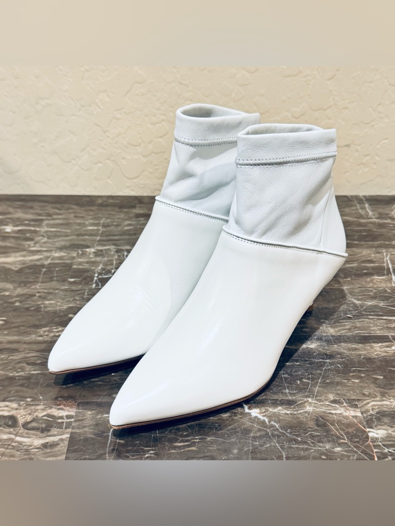 Tibi Jean White Leather Point Toe Sock Booties